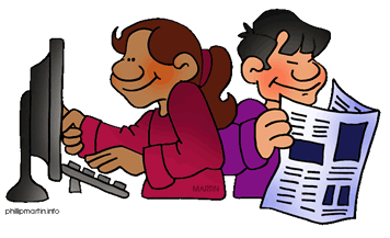Lady reading computer and man reading newspaper