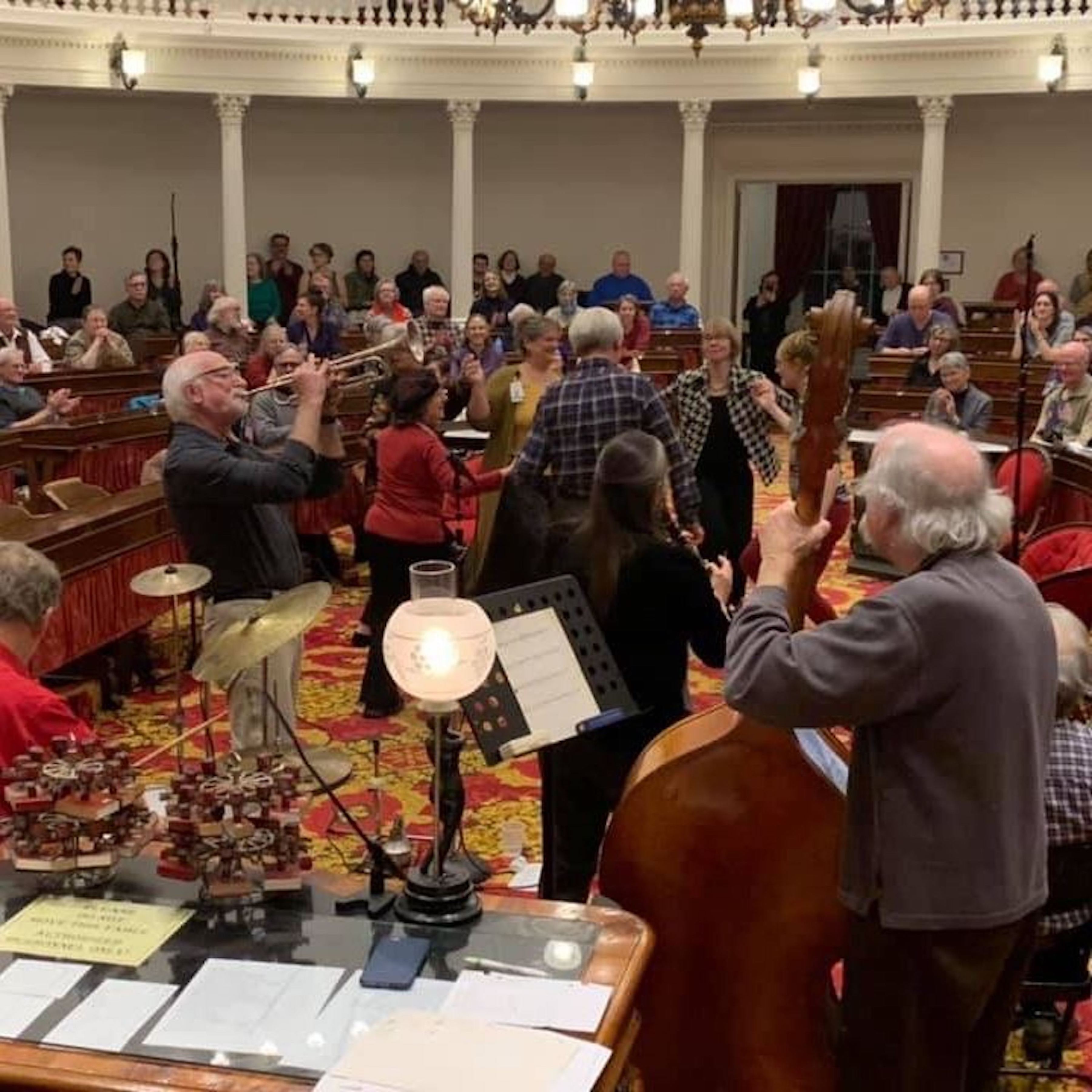Nisht Geferlach Klezmer Band performing at Farmers' Night in the Vermont State House