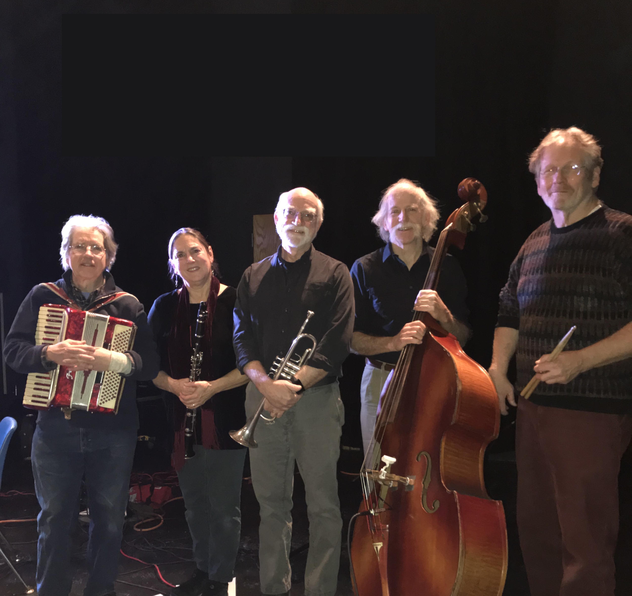 Five members of the Nisht Geferlach Klezmer Band with their instruments